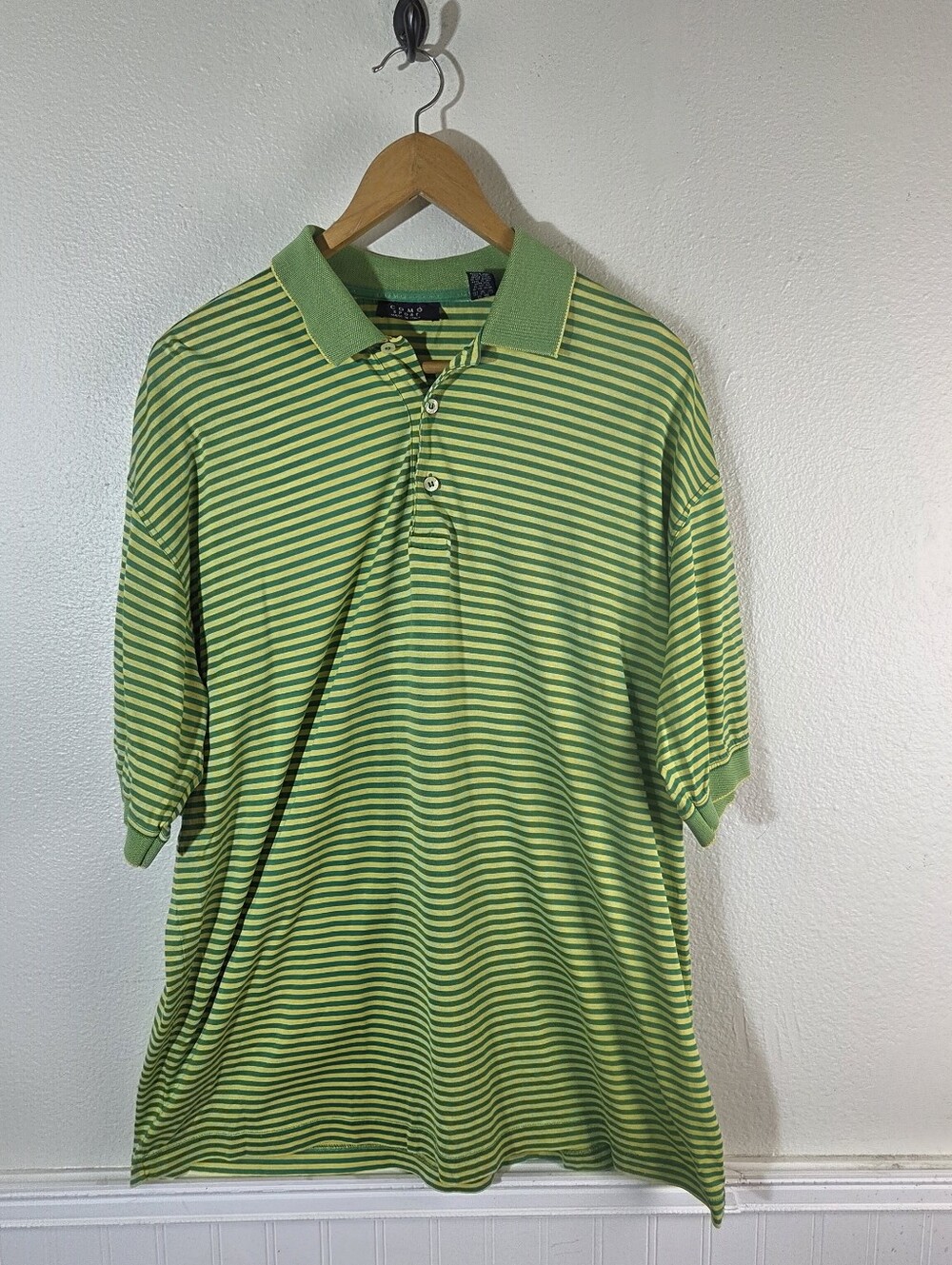 Como Sport Polo Shirt Mens XL Green Yellow Striped Golf Polo Made In Italy Cotto
